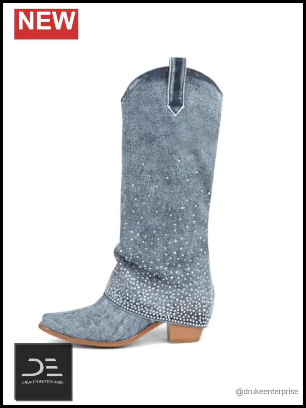 Rhinestone Denim Cowgirl Fold Over Knee High Boots